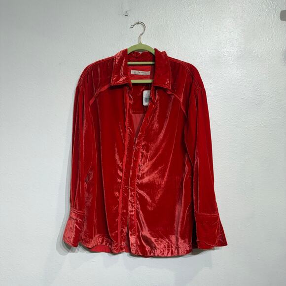 Free People We the Free Marianne Fiery Red Velvet Button Down Blouse Sz S NWT - Picture 2 of 13